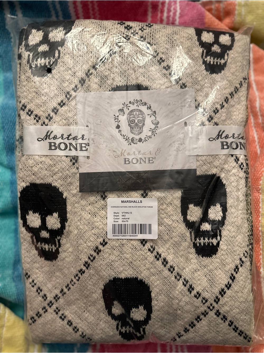 Marshalls Neutral Knit Throw with Black Skull Motif NWT